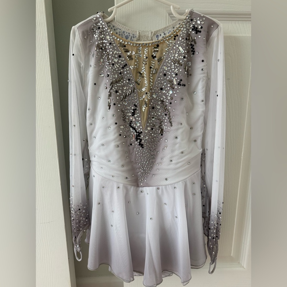 Figure Skating Dress – Youth 8–10 (White/Silver/Black Rhinestone Costume)